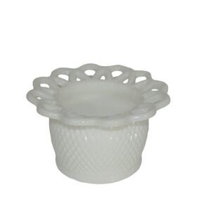 Vintage Imperial Glass, Milk Glass Compote with diamond pattern & open lace edge